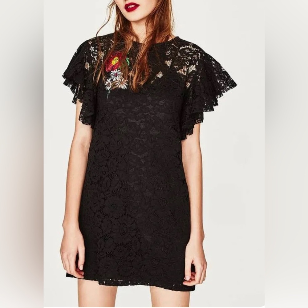 Zara black lace dress with floral patch